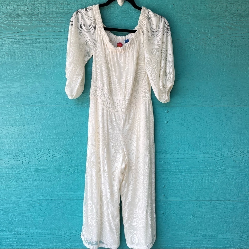 Farm Rio Anthropologie Elliot Ivory Off the Shoulder Elegant Jumpsuit SI… - Picture 5 of 15